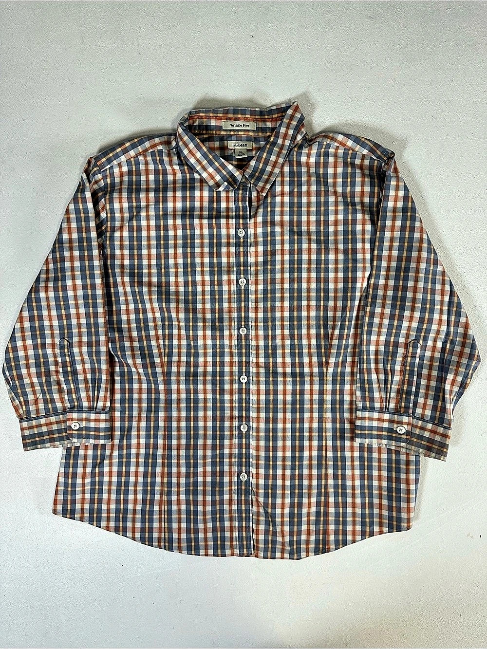 L.L. Bean Shirt Womens XL Petite Plaid Wrinkle Free Cotton Button Up Orange Blue